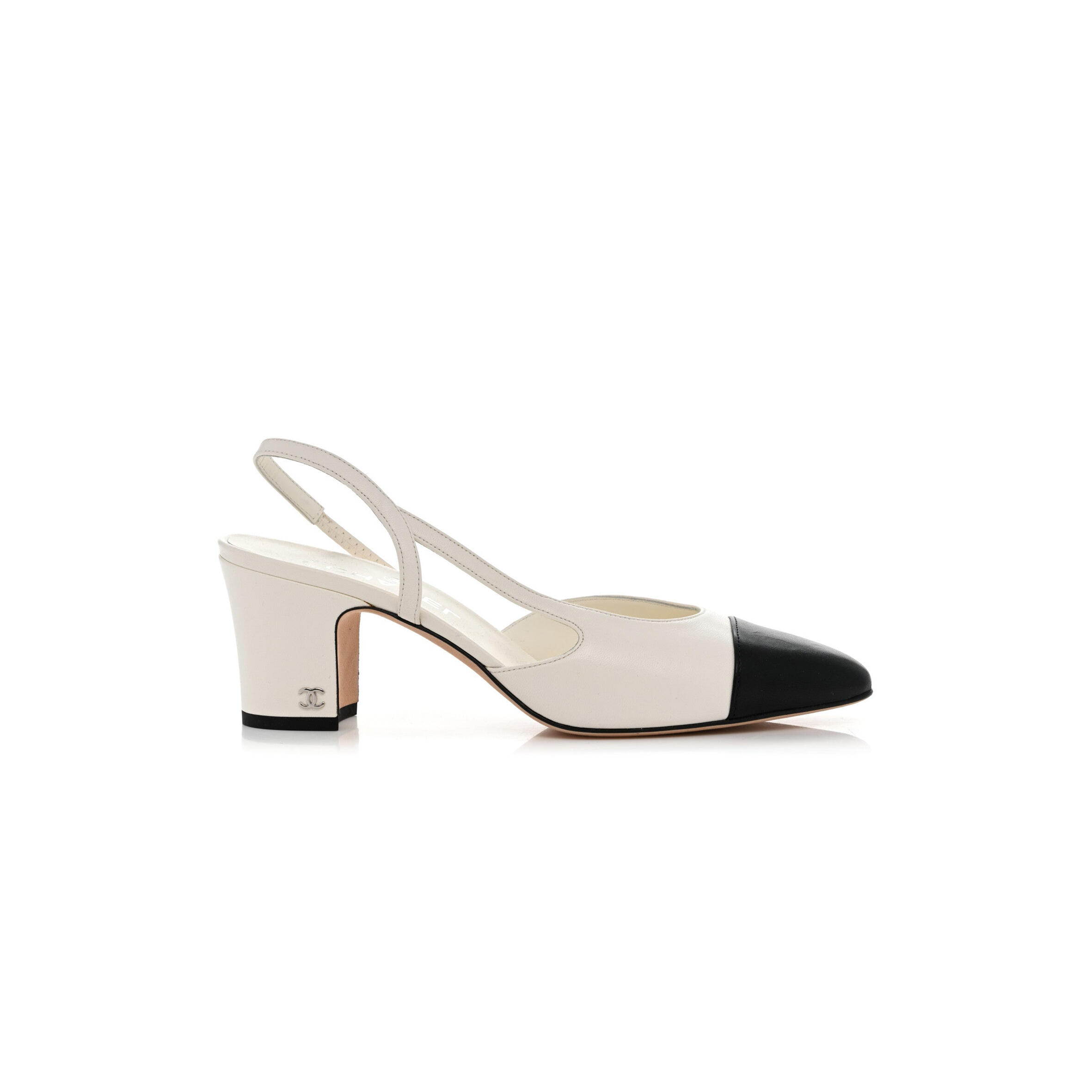 Ch**el lambskin cap toe cc slingback pumps white black